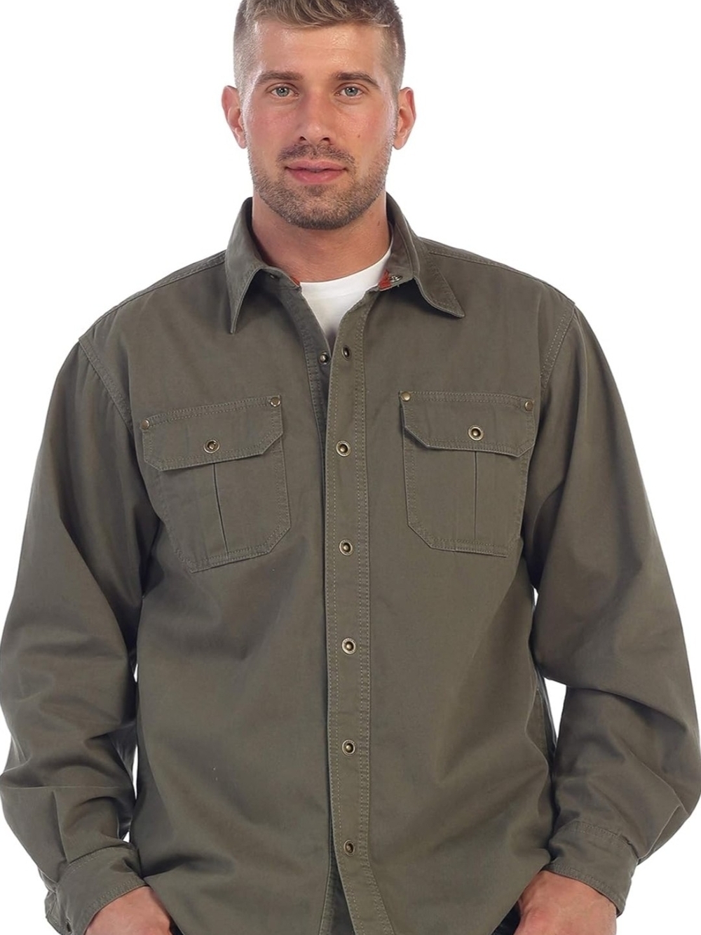 Men's Olive Green Utility Button-Up Shirt 100% Cotton, Flannel interior.